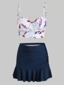 Feather Print Push Up Ruched Skirted Two Piece Swimsuit
