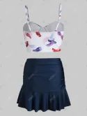 Feather Print Push Up Ruched Skirted Two Piece Swimsuit
