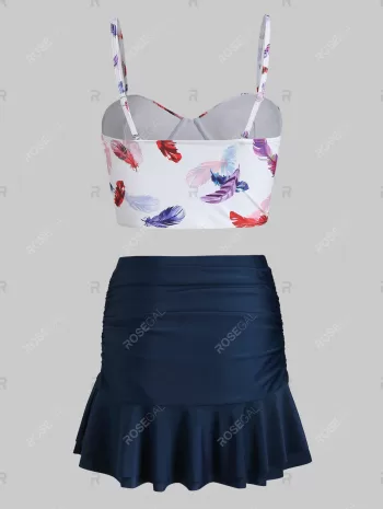 Feather Print Push Up Ruched Skirted Two Piece Swimsuit