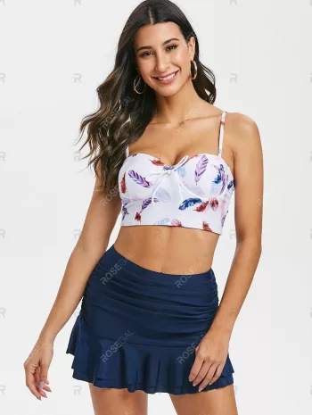 Feather Print Push Up Ruched Skirted Two Piece Swimsuit