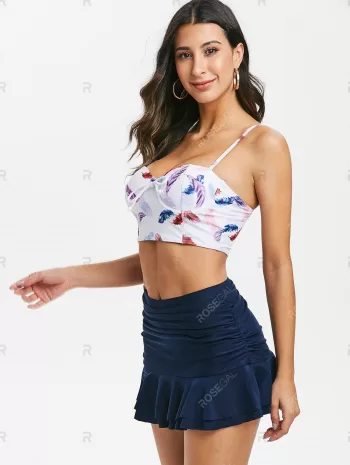 Feather Print Push Up Ruched Skirted Two Piece Swimsuit