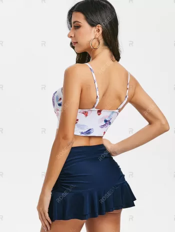 Feather Print Push Up Ruched Skirted Two Piece Swimsuit