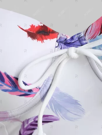 Feather Print Push Up Ruched Skirted Two Piece Swimsuit