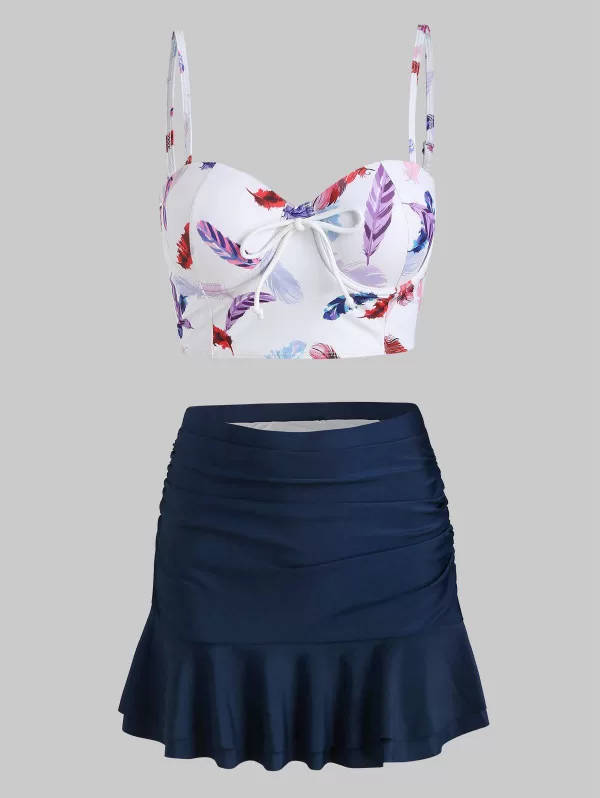 Feather Print Push Up Ruched Skirted Two Piece Swimsuit