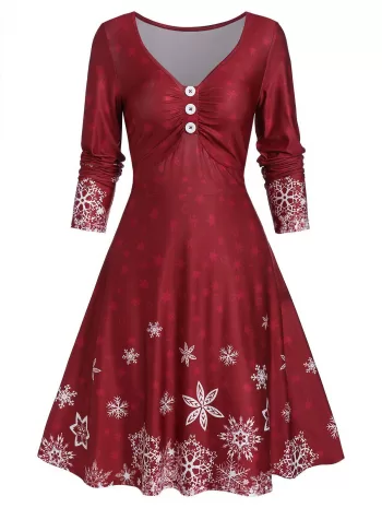 Fit And Flare Plunge Snow Print Dress