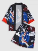 Floral And Crane Print Kimono And Shorts Set