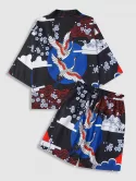Floral And Crane Print Kimono And Shorts Set