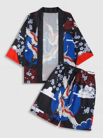 Floral And Crane Print Kimono And Shorts Set