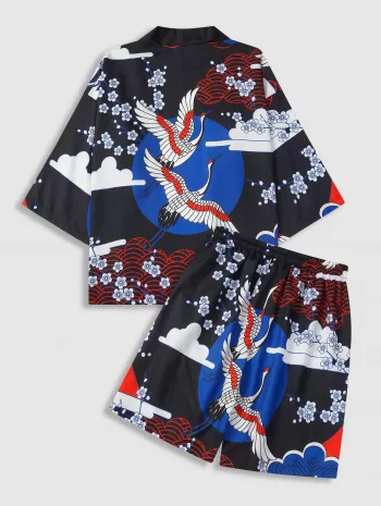 Floral And Crane Print Kimono And Shorts Set
