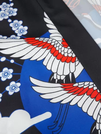 Floral And Crane Print Kimono And Shorts Set