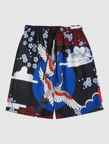 Floral And Crane Print Kimono And Shorts Set