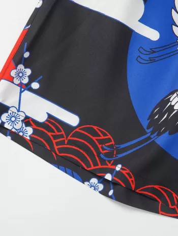 Floral And Crane Print Kimono And Shorts Set