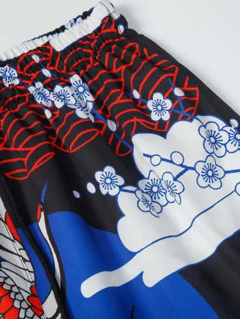 Floral And Crane Print Kimono And Shorts Set