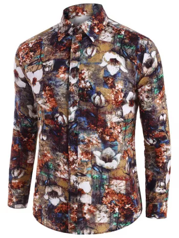 Floral Art Print Vintage Long Sleeve Shirt