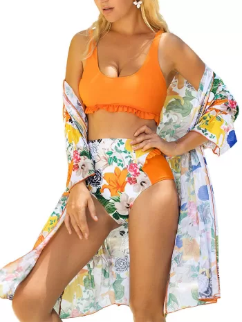 Floral Leaf Frilled High Waisted Bikini Swimsuit