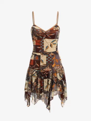 Floral Leaves Patchwork Ruched Handkerchief Dress