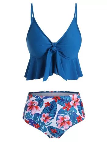 Floral Leaves Print Ruffles Tankini Set