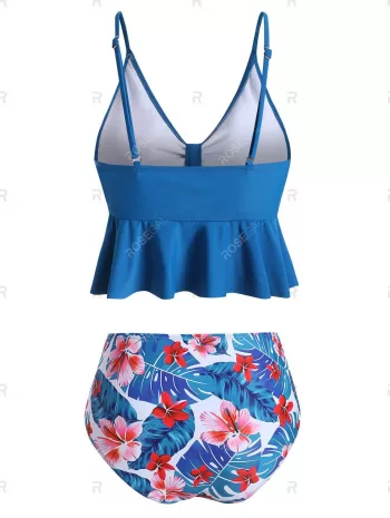 Floral Leaves Print Ruffles Tankini Set