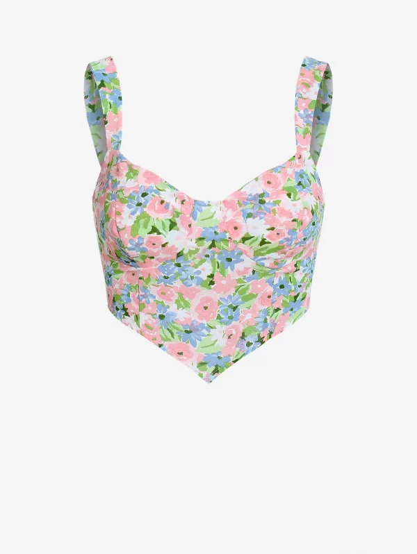 Floral Print Asymmetric Smocked Crop Top