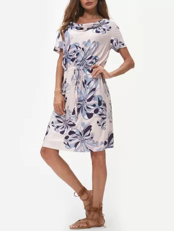 Floral Print Cowl Neck Drawstring Dress