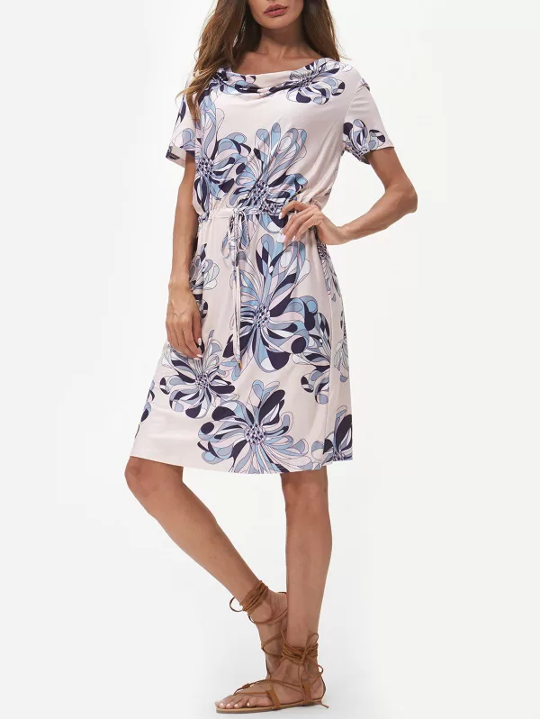 Floral Print Cowl Neck Drawstring Dress