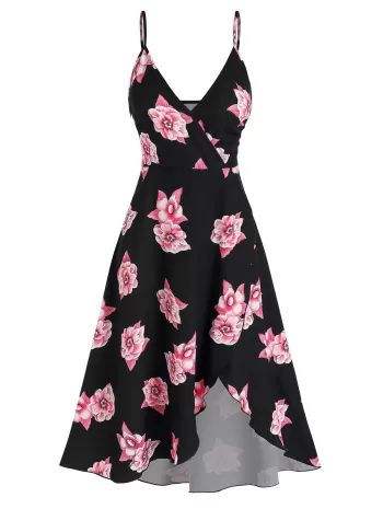 Floral Print High Low Midi Surplice Dress