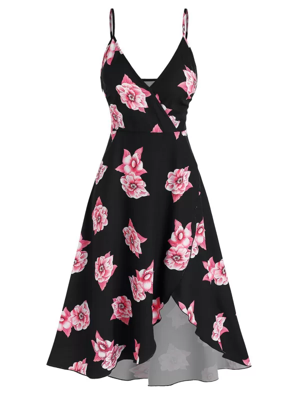 Floral Print High Low Midi Surplice Dress