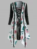 Floral Print Lace Up Lace Trim Asymmetrical Dress