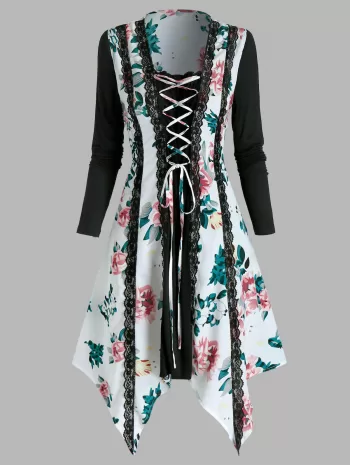 Floral Print Lace Up Lace Trim Asymmetrical Dress