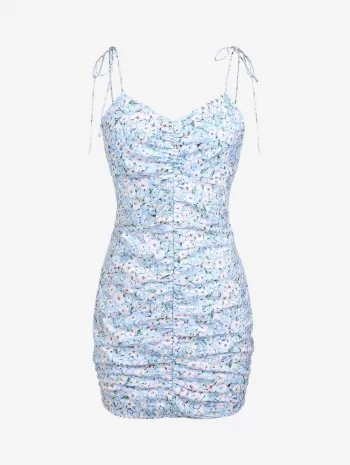 Floral Tie Shoulder Ruched Slinky Cami Dress