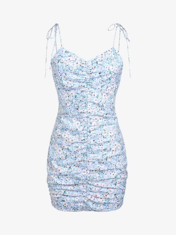 Floral Tie Shoulder Ruched Slinky Cami Dress