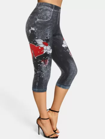 Flower 3d Print Skinny Capri Jeggings