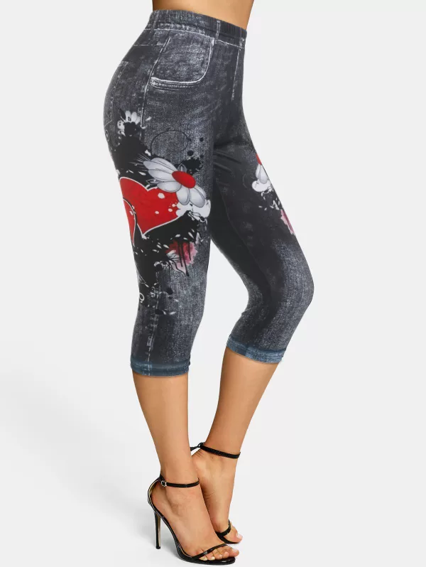 Flower 3d Print Skinny Capri Jeggings