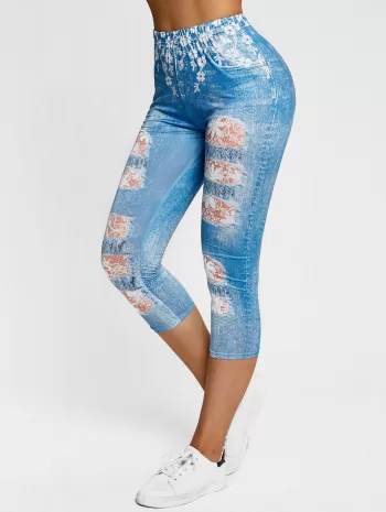 Flower 3d Ripped Print Capri Jeggings