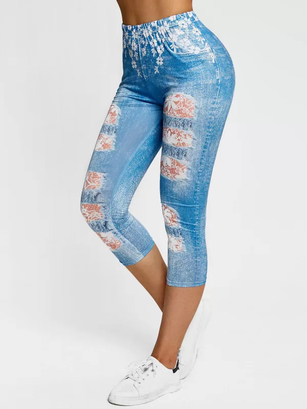 Flower 3d Ripped Print Capri Jeggings
