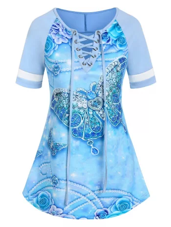 Flower Butterfly Jewelry Print Lace-up Raglan Sleeve T-shirt