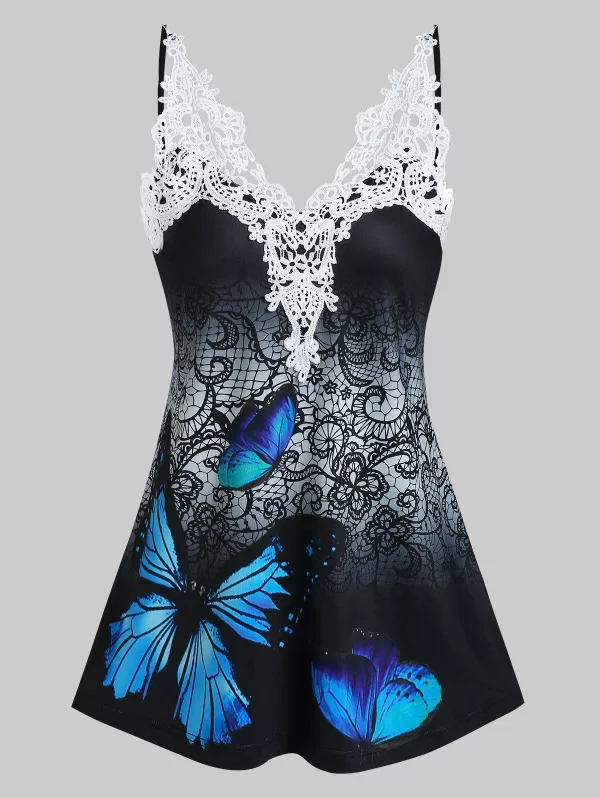 Flower Butterfly Print Lace Insert Tank Top