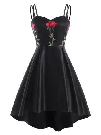 Flower Embroidered High Low Lace Insert Dress