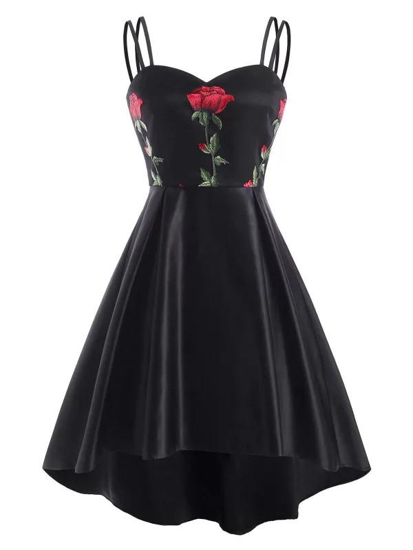 Flower Embroidered High Low Lace Insert Dress