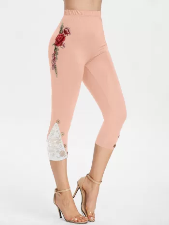 Flower Embroidered Lace Insert Capri Leggings