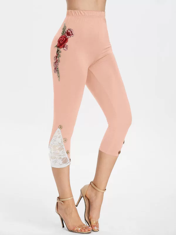 Flower Embroidered Lace Insert Capri Leggings