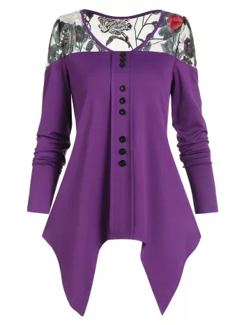 Flower Embroidered Lace Insert Mock Button Handkerchief T-shirt