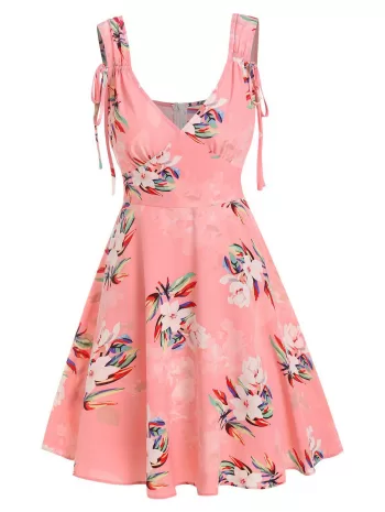 Flower Print Cinch Tie Strap Flare Dress