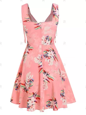 Flower Print Cinch Tie Strap Flare Dress