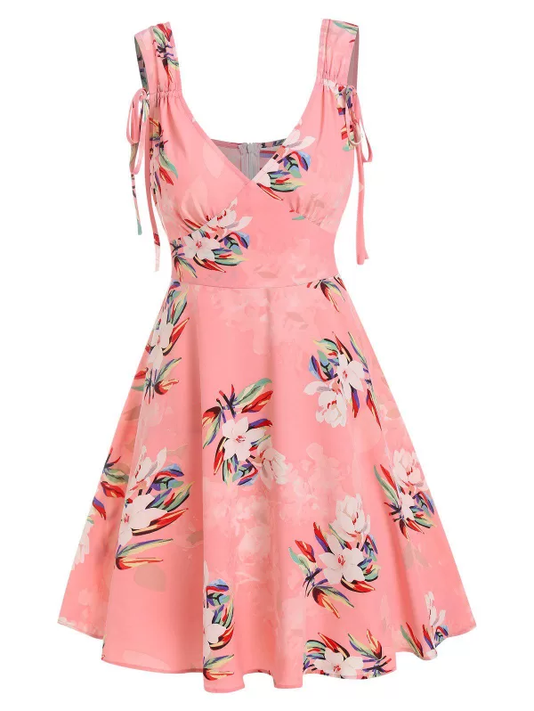 Flower Print Cinch Tie Strap Flare Dress