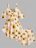 Flower Print Cold Shoulder Blouse And Mini Shorts Set