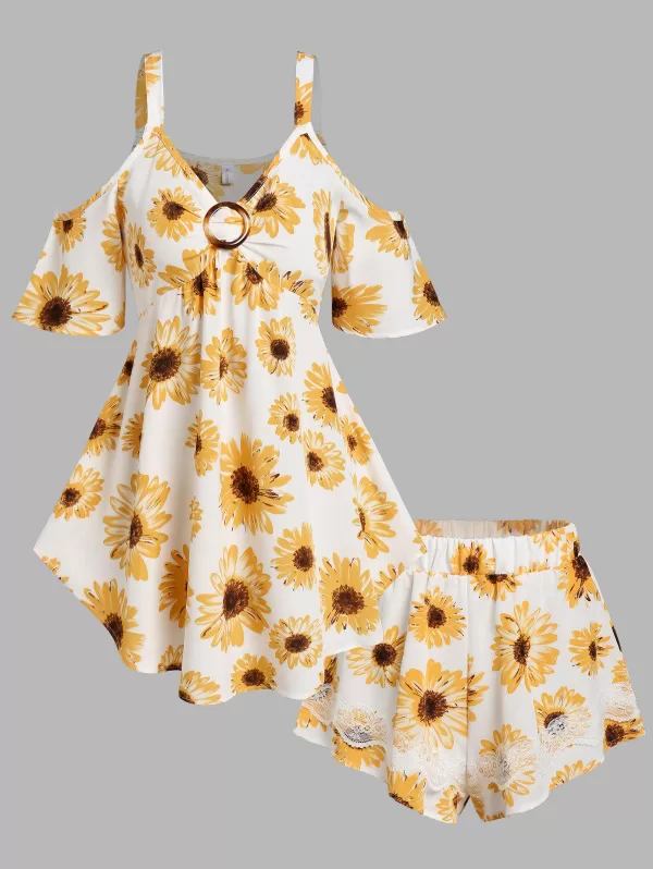 Flower Print Cold Shoulder Blouse And Mini Shorts Set