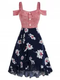 Flower Print Cold Shoulder Overlap Dress