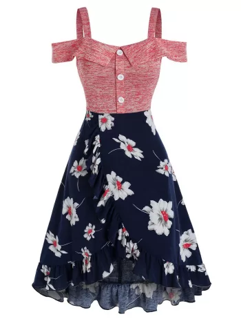 Flower Print Cold Shoulder Overlap Dress