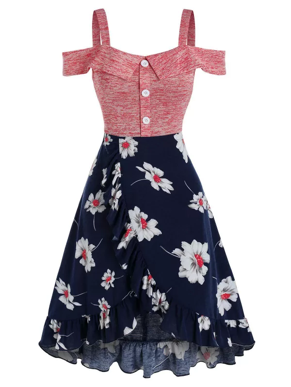 Flower Print Cold Shoulder Overlap Dress